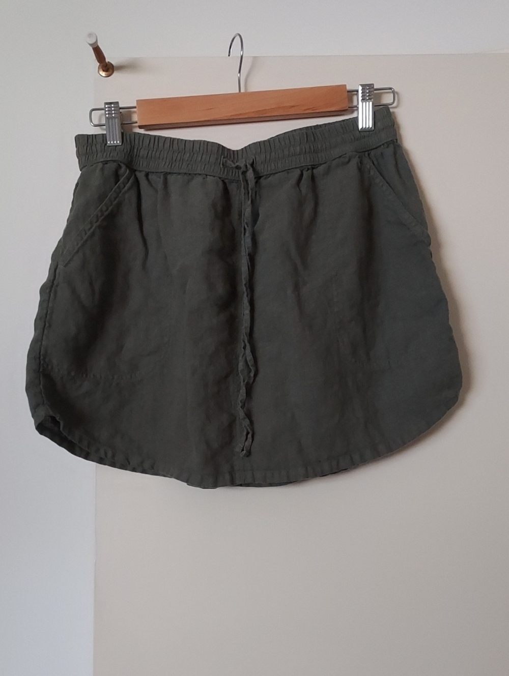 Artisan Ny Olive Green Linen Drawstring Mini Skirt